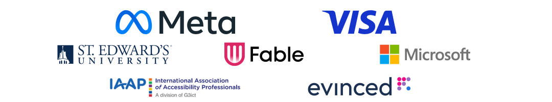 AccessU 2024 Sponsors - Meta, VISA, St. Edwards University, Fable, Microsoft, IAAP and evinced